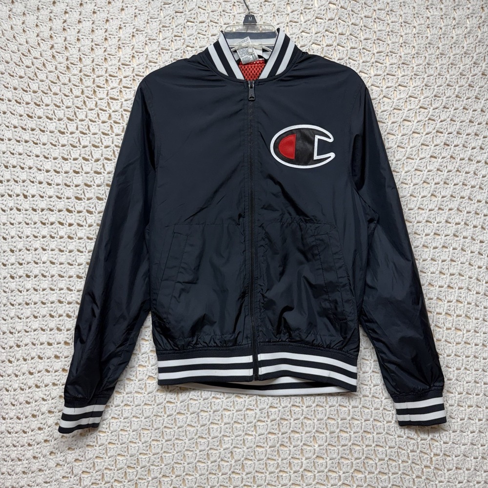 Champion Bomber Jacket Windbreaker Women's Sz S  Black Varsity Big Logo